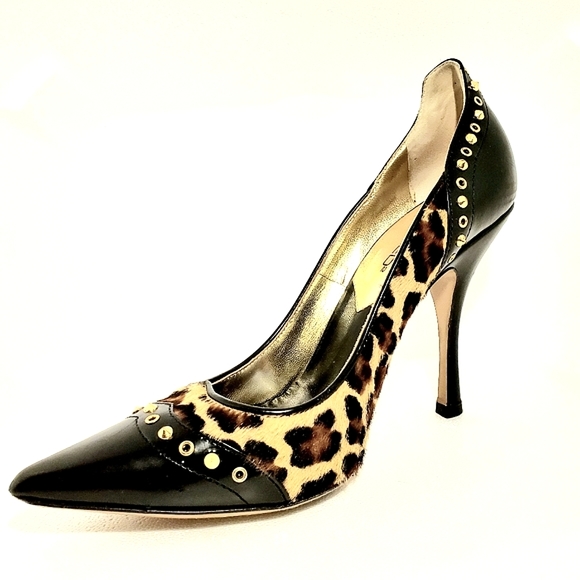 🐆EUC Gorgeous Leopard Print Heels W/Black Leather & Cool Studs By DSQUARED🐆 - Picture 3 of 13